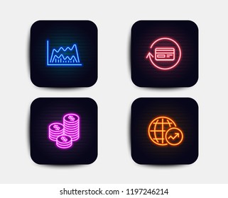 Neon glow lights. Set of Refund commission, Coins and Trade chart icons. World statistics sign. Cashback card, Cash money, Market data. Global report.  Neon icons. Glowing light banners. Vector