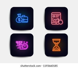 Neon glow lights. Set of Salary, Quick tips and Internet report icons. Time hourglass sign. Diplomat with money bag, Helpful tricks, Web tutorial. Sand watch.  Neon icons. Glowing light banners