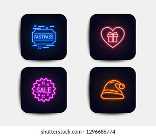 Neon glow lights. Set of Sale, Romantic gift and Fastpass icons. Santa hat sign. Shopping star, Surprise with love, Entrance ticket. Christmas.  Neon icons. Glowing light banners. Vector