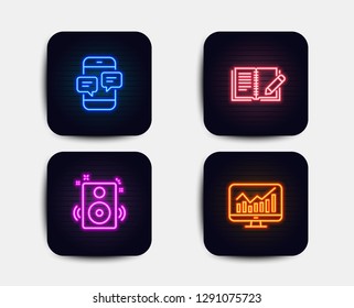 Neon glow lights. Set of Speakers, Phone messages and Feedback icons. Statistics sign. Sound, Mobile chat, Book with pencil. Financial report.  Neon icons. Glowing light banners. Vector