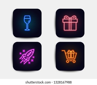 Neon glow lights. Set of Startup rocket, Gift box and Wine glass icons. Shopping cart sign. Business innovation, Present package, Bordeaux glass. Gift box.  Neon icons. Glowing light banners. Vector