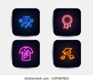 Neon glow lights. Set of Success, T-shirt design and Correct answer icons. Throw hats sign. Award reward, Painting, Approved. College graduation.  Neon icons. Glowing light banners. Vector