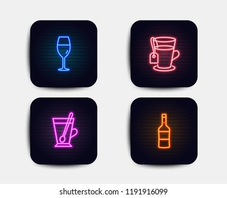 Neon glow lights. Set of Tea, Wineglass and Tea mug icons. Wine sign. Glass mug, Burgundy glass, Cup with teaspoon. Merlot bottle.  Neon icons. Glowing light banners. Vector