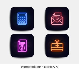 Neon glow lights. Set of Technical info, Calculator and Approved mail icons. Contactless payment sign. Documentation, Accounting device, Confirmed document. Financial payment.  Neon icons. Vector