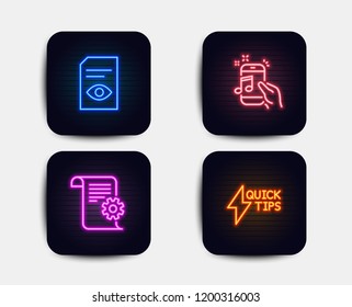 Neon glow lights. Set of Technical documentation, Music phone and View document icons. Quickstart guide sign. Manual, Radio sound, Open file. Lightning symbol.  Neon icons. Glowing light banners