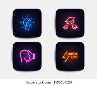 Neon glow lights. Set of Throw hats, Idea and Face id icons. Quickstart guide sign. College graduation, Light bulb, Identification system. Lightning symbol.  Neon icons. Glowing light banners. Vector