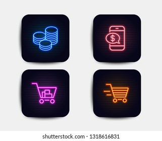 Neon glow lights. Set of Tips, Phone payment and Internet shopping icons. Delivery shopping sign. Cash coins, Mobile pay, Cart with purchases. Online buying.  Neon icons. Glowing light banners. Vector