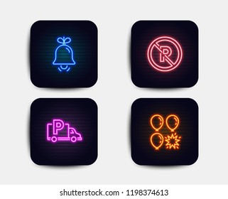 Neon glow lights. Set of Truck parking, Bell and No parking icons. Balloon dart sign. Free park, Alarm signal, Car park. Neon icons. Glowing light banners. Bell vector