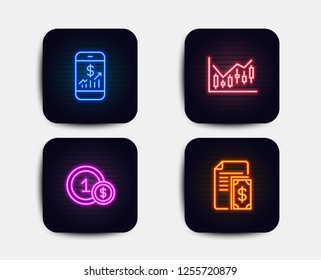 Neon glow lights. Set of Usd coins, Mobile finance and Financial diagram icons. Payment sign. Cash payment, Phone accounting, Candlestick chart. Cash money.  Neon icons. Glowing light banners. Vector