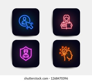 Neon glow lights. Set of User, Woman read and Security agency icons. Idea sign. Project manager, Girl studying, People protection. Creative designer.  Neon icons. Glowing light banners. Vector