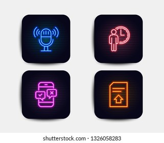 Neon glow lights. Set of Waiting, Microphone and Phone survey icons. Upload file sign. Service time, Mic, Mobile quiz test. Load document.  Neon icons. Glowing light banners. Vector