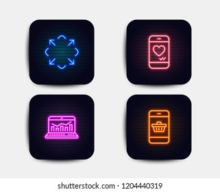 Neon glow lights. Set of Web analytics, Maximize and Love chat icons. Smartphone buying sign. Statistics, Full screen, Smartphone. Website shopping.  Neon icons. Glowing light banners. Vector