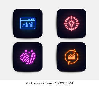 Neon glow lights. Set of Website statistics, Engineering and Idea icons. Update data sign. Data analysis, Construction, Solution. Sales statistics.  Neon icons. Glowing light banners. Vector