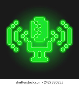 Neon glow microphone with audio waves icon. Podcast vector illustration. Record voice. Information sharing, host sign. Blogging, audio streaming. Acid color. Rave psychedelic style. Radio logo.