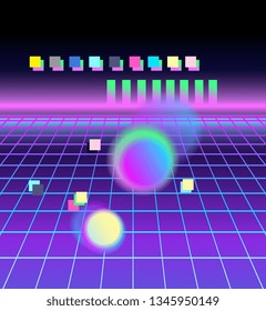 Neon glow objects. Retrowave, synthwave, rave, vapor party background. Light grid landscape. Yesterday’s tomorrow style.  Retro, vintage 1980s, 1990s. Black, purple, pink, blue colors. Banner, print