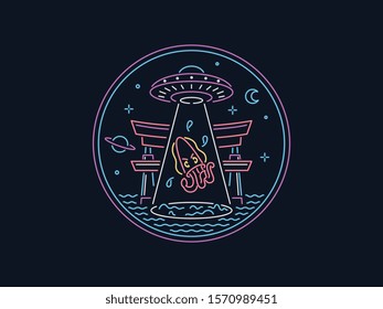 Neon glow Octopus abduction vector illustration for any use