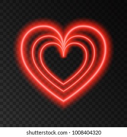 Neon glow red heart. Love.  Light effect for Happy Valentine's Day banner, greeting card . Laser  sign on transparent background. Vector design element.