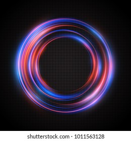 Neon glow rings. A bright, luminous frame from the traces of the flaming rays swirling around in a circle. Transparent light effect. Vector illustration