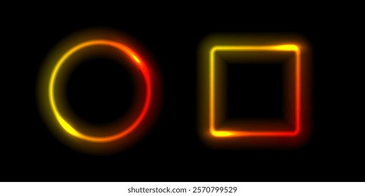Neon glow round and square light frames. Abstract light background. Colored laser bright round and square icons. Colorful geometric graphic vector set isolated on black.