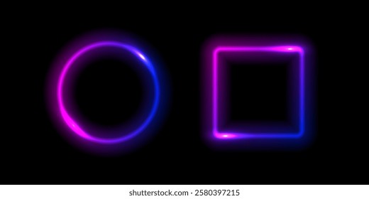 Neon glow round and square light frames. Abstract light background. Colored laser bright round and square icons. Colorful geometric graphic vector set isolated on black.