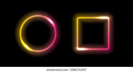 Neon glow round and square light frames. Abstract light background. Colored laser bright round and square icons. Colorful geometric graphic vector set isolated on black.