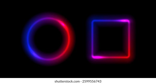 Neon glow round and square light frames. Abstract light background. Colored laser bright round and square icons. Colorful geometric graphic vector set isolated on black.