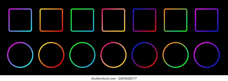 Neon glow round and square light frames. Abstract rainbow light backgrounds. Colored laser bright round and square icons. Colorful geometric graphic vector set isolated on black.