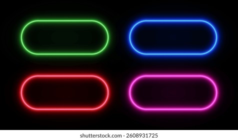 Neon glow rounded rectangle frame. Button led border light. Laser vector set of title templates on black background.
