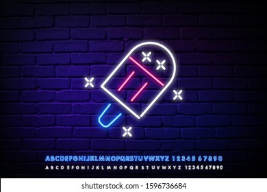 neon Glow Signboard with white Ice Cream. Frozen Fruit, Sorbet, Sundae, Popsicle. Neon Template for Flyer, Poster, Banner, Playbill, Invitation. Brick Wall. Vector 3d Illustration.