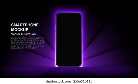 Neon Glow Smartphone with Black Screen: Stunning Mobile Display Designs for Banners, Wallpapers, and Luxury Vouchers. Vector.