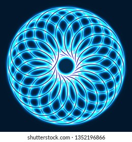 Neon glow symmetry element. Sacred Geometry. Circle of balance and harmony. Flower of life. Abstract vector background.