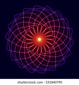 Neon glow symmetry element. Sacred Geometry. Circle of balance and harmony. Flower of life. Abstract psychedelic vector background.