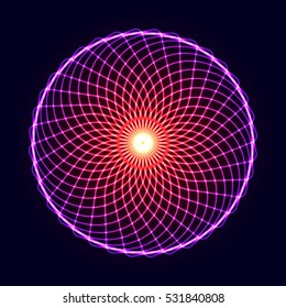 Neon glow symmetry element. Sacred Geometry. Circle of balance and harmony. Flower of life. Abstract psychedelic vector background.
