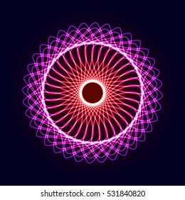 Neon glow symmetry element. Sacred Geometry. Circle of balance and harmony. Flower of life. Abstract psychedelic vector background.