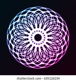 Neon glow symmetry element. Sacred Geometry. Circle of balance and harmony. Flower of life. Abstract psychedelic vector background.