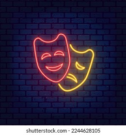 Neon Glow Theatrical Masks on brick wall background. Movie night illuminated banner. Cinema Theatre Festival emblem. Entertainment, masquerade, carnival concept. Bright signboard, Vector illustration.
