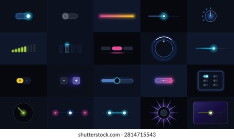 Neon glow UI elements bundle set featuring digital sliders, toggle switches, and volume knobs for modern dashboard design