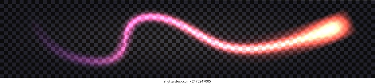 Neon glow wave swirl with synthwave purple fiery light glowing effect.  Laser beam with thunder bolt,  electric flash burst. Vector isolated transparent on dark background