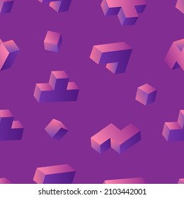 Neon glowing 3d tetris blocks seamless pattern on purple background. Vintage 80s style design. Clipping mask used.