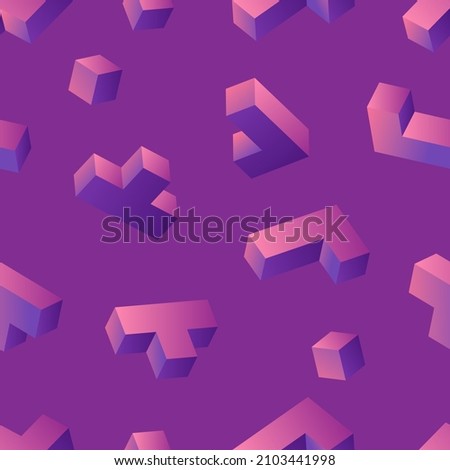 Neon glowing 3d tetris blocks seamless pattern on purple background. Vintage 80s style design. Clipping mask used.