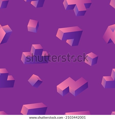 Neon glowing 3d tetris blocks seamless pattern on purple background. Vintage 80s style design. Clipping mask used.