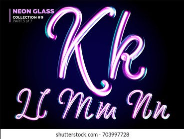 Pétet 3D brillant de néon. Ensemble de polices de lettres en verre. Couleurs Roses et Bleues brillantes. Effet de lumière nocturne. Tube Alphabet. ABC pour affiche DJ, bannière de vente, panneau, publicité. 