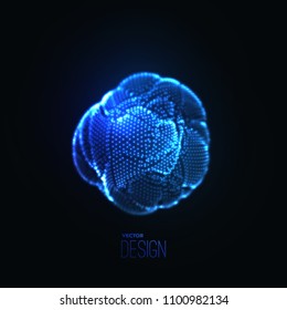 Neon glowing abstract object. Vector futuristic illustration of organic spherical 3d shape. Pharmacy or microbiology concept. Growing cell. Nuclear energy. Technology background