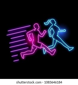 Neon glowing active running man and women light sign. vector illustration.