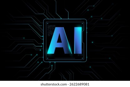 Neon glowing AI microchip on black background with digital circuit lines and futuristic tech design
