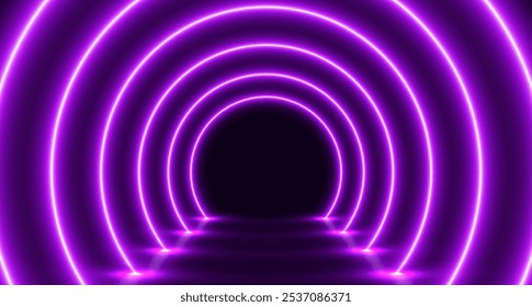 Neon túnel de arco brilhante, sala futurista com corredor led, fundo moderno. Ilustração vetorial.