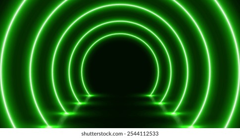 Neon túnel de arco brilhante, sala futurista com corredor led, fundo moderno. Ilustração vetorial.