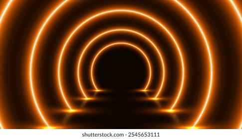 Neon túnel de arco brilhante, sala futurista com corredor led, fundo moderno. Ilustração vetorial.