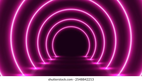 Neon túnel de arco brilhante, sala futurista com corredor led, fundo moderno. Ilustração vetorial.