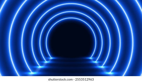 Neon glowing arch tunnel, futuristic room with led corridor, modern background.